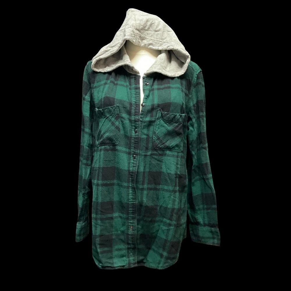 Green Plaid Flannel Button Up Hoodie
